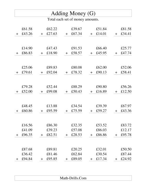 The Adding British Money to £100 (G) Math Worksheet