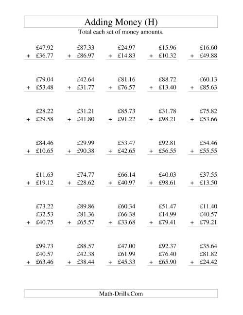 The Adding British Money to £100 (H) Math Worksheet