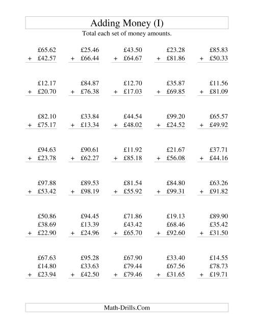 The Adding British Money to £100 (I) Math Worksheet