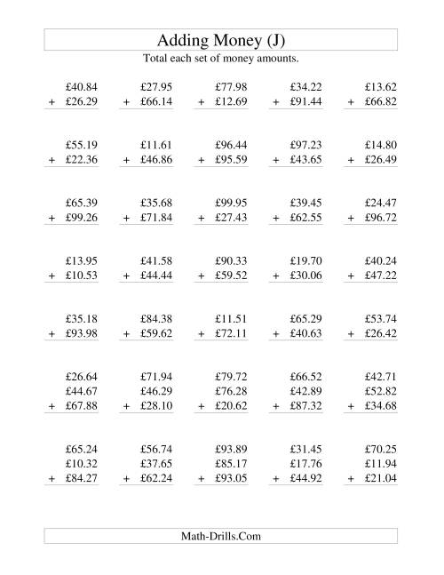 The Adding British Money to £100 (J) Math Worksheet