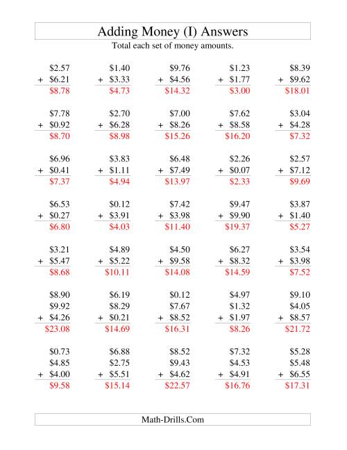 The Adding U.S. Money to $10 (I) Math Worksheet Page 2