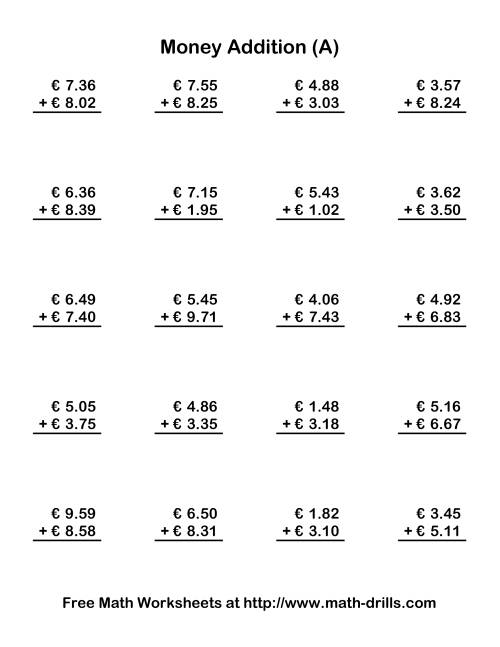 The Adding Euro Money to €10 (Old) Math Worksheet