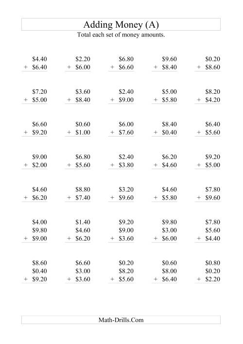 The Adding Australian Dollars (Addends in Increments of 20 cents) (All) Math Worksheet