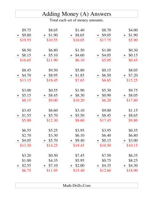 The Adding U.S. Money to $10 -- Increments of 5 Cents (A) Math Worksheet Page 2