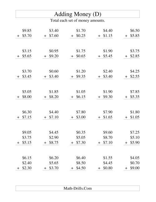 The Adding U.S. Money to $10 -- Increments of 5 Cents (D) Math Worksheet