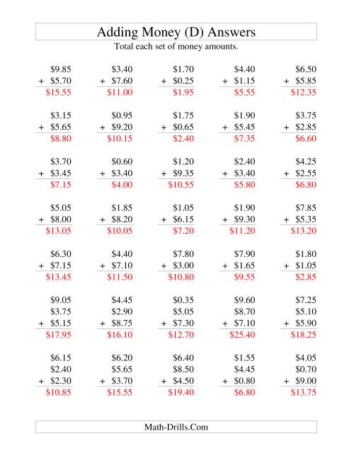 The Adding U.S. Money to $10 -- Increments of 5 Cents (D) Math Worksheet Page 2
