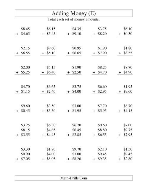 The Adding U.S. Money to $10 -- Increments of 5 Cents (E) Math Worksheet