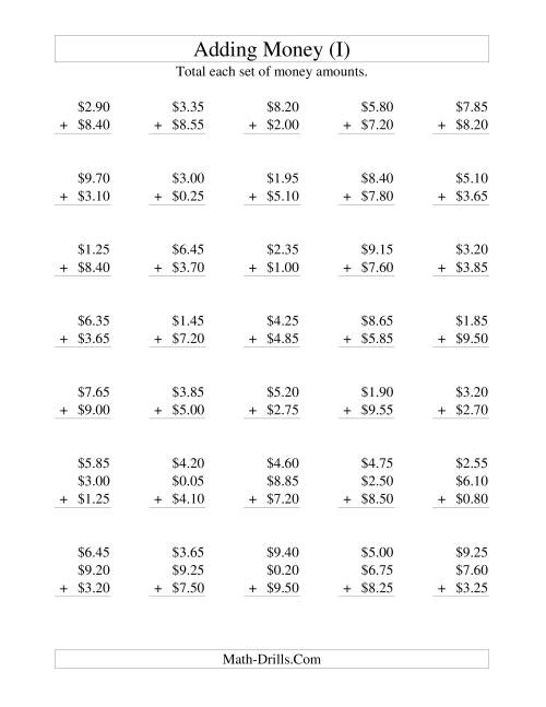The Adding U.S. Money to $10 -- Increments of 5 Cents (I) Math Worksheet
