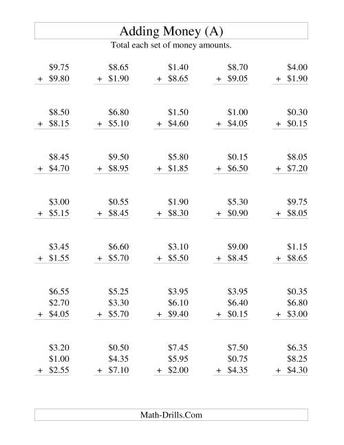 The Adding U.S. Money to $10 -- Increments of 5 Cents (All) Math Worksheet