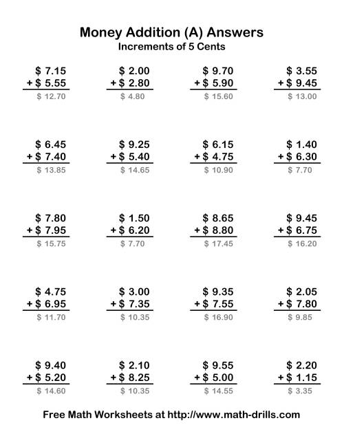 The Adding U.S. Money to $10 -- Increments of 5 Cents (Old) Math Worksheet Page 2