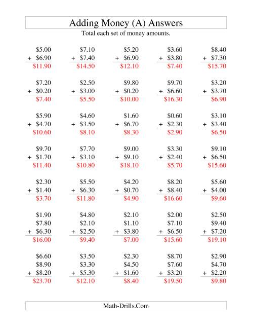 The Adding U.S. Money to $10 -- Increments of 10 Cents (A) Math Worksheet Page 2