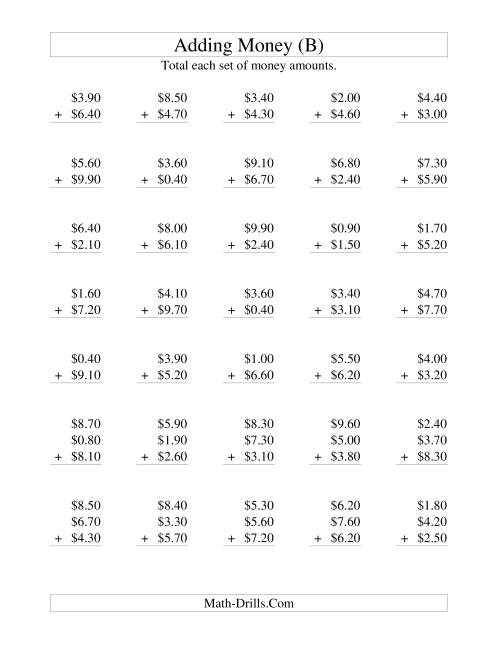 The Adding U.S. Money to $10 -- Increments of 10 Cents (B) Math Worksheet