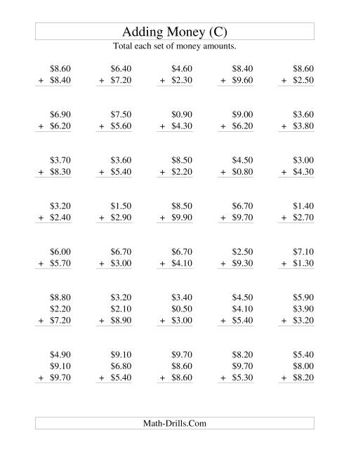 The Adding U.S. Money to $10 -- Increments of 10 Cents (C) Math Worksheet
