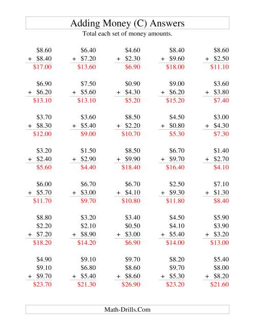 The Adding U.S. Money to $10 -- Increments of 10 Cents (C) Math Worksheet Page 2