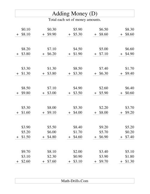 The Adding U.S. Money to $10 -- Increments of 10 Cents (D) Math Worksheet
