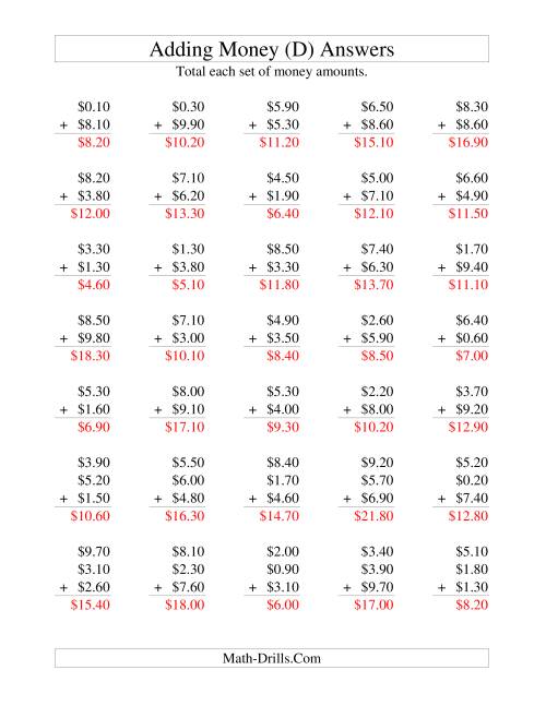 The Adding U.S. Money to $10 -- Increments of 10 Cents (D) Math Worksheet Page 2