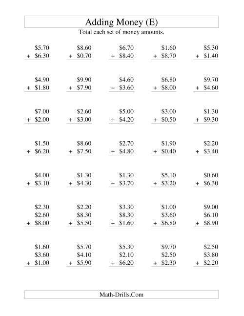 The Adding U.S. Money to $10 -- Increments of 10 Cents (E) Math Worksheet