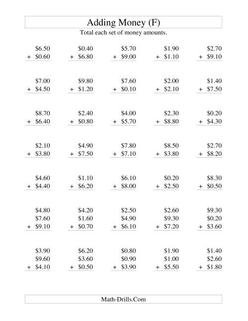 The Adding U.S. Money to $10 -- Increments of 10 Cents (F) Math Worksheet