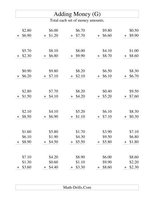 The Adding U.S. Money to $10 -- Increments of 10 Cents (G) Math Worksheet