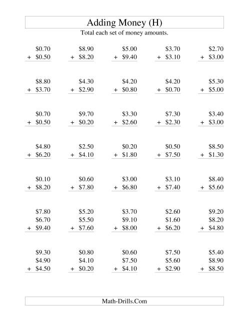 The Adding U.S. Money to $10 -- Increments of 10 Cents (H) Math Worksheet