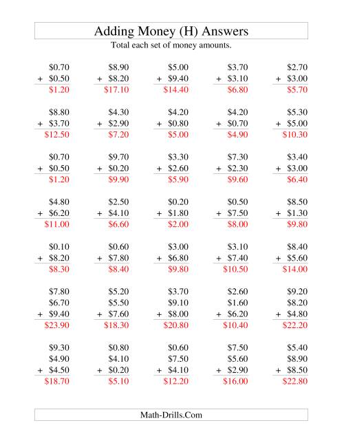 The Adding U.S. Money to $10 -- Increments of 10 Cents (H) Math Worksheet Page 2
