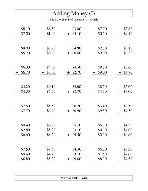 The Adding U.S. Money to $10 -- Increments of 10 Cents (I) Math Worksheet