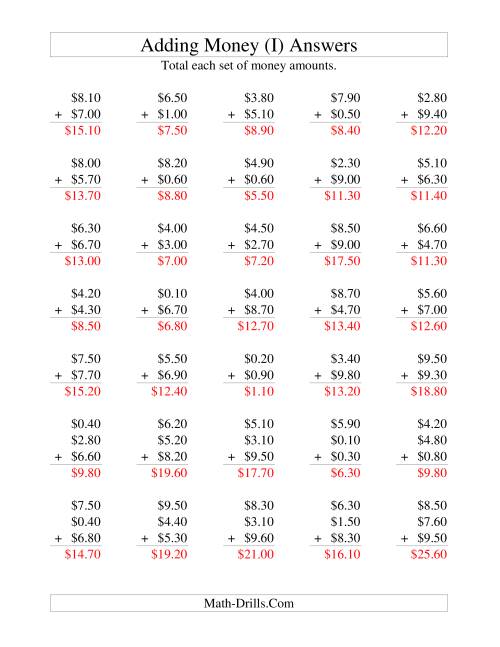 The Adding U.S. Money to $10 -- Increments of 10 Cents (I) Math Worksheet Page 2