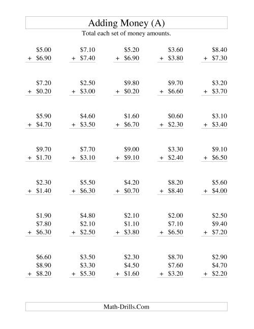 The Adding U.S. Money to $10 -- Increments of 10 Cents (All) Math Worksheet