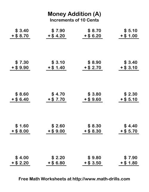 The Adding U.S. Money to $10 -- Increments of 10 Cents (Old) Math Worksheet