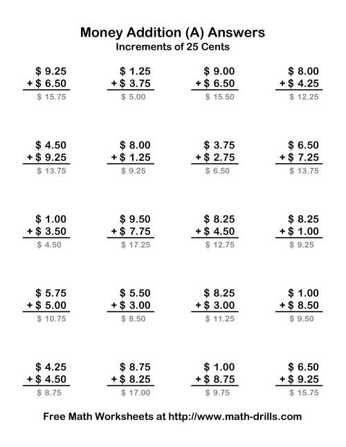 The Adding U.S. Money to $10 -- Increments of 25 Cents (Old) Math Worksheet Page 2