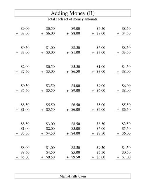 The Adding U.S. Money to $10 -- Increments of 50 Cents (B) Math Worksheet