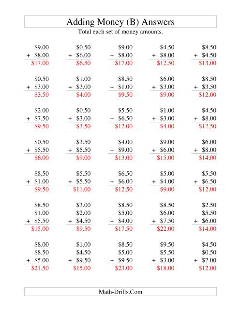 The Adding U.S. Money to $10 -- Increments of 50 Cents (B) Math Worksheet Page 2