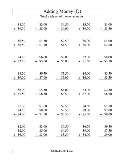 The Adding U.S. Money to $10 -- Increments of 50 Cents (D) Math Worksheet