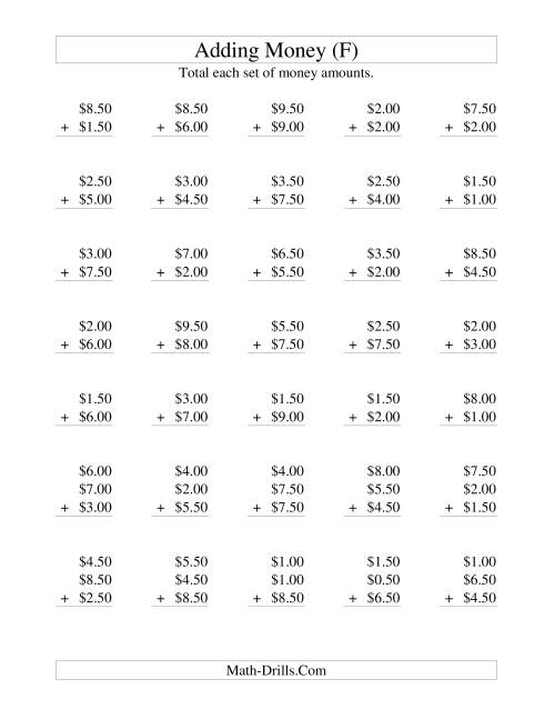 The Adding U.S. Money to $10 -- Increments of 50 Cents (F) Math Worksheet