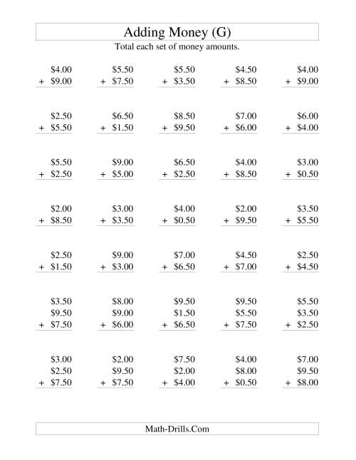 The Adding U.S. Money to $10 -- Increments of 50 Cents (G) Math Worksheet
