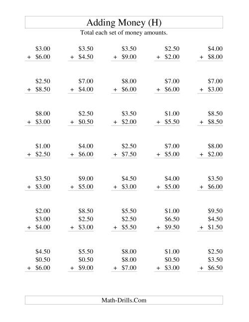 The Adding U.S. Money to $10 -- Increments of 50 Cents (H) Math Worksheet