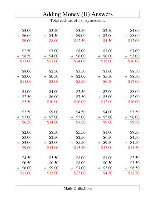 The Adding U.S. Money to $10 -- Increments of 50 Cents (H) Math Worksheet Page 2