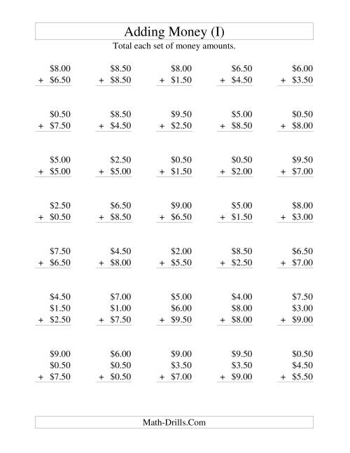 The Adding U.S. Money to $10 -- Increments of 50 Cents (I) Math Worksheet