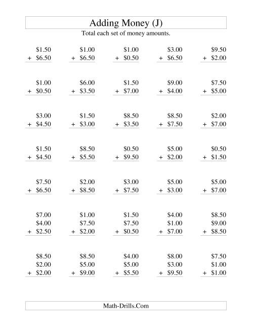 The Adding U.S. Money to $10 -- Increments of 50 Cents (J) Math Worksheet