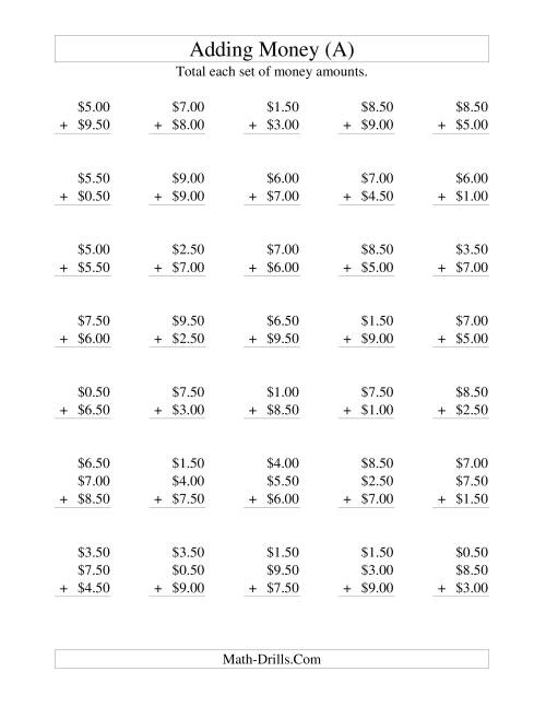 The Adding U.S. Money to $10 -- Increments of 50 Cents (All) Math Worksheet