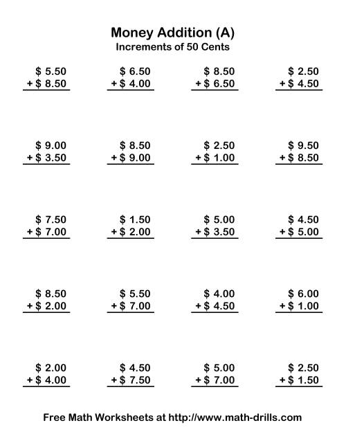 The Adding U.S. Money to $10 -- Increments of 50 Cents (Old) Math Worksheet