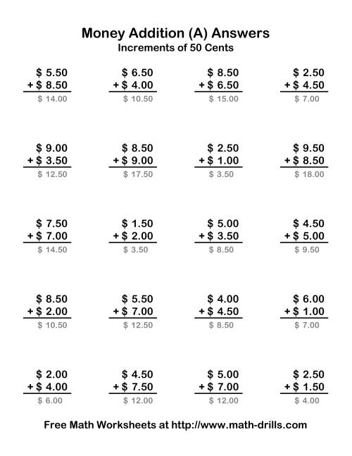 The Adding U.S. Money to $10 -- Increments of 50 Cents (Old) Math Worksheet Page 2