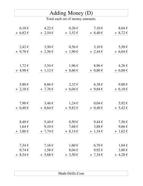 The Adding Euro Money to €10 -- Increments of 2 Euro Cents (D) Math Worksheet