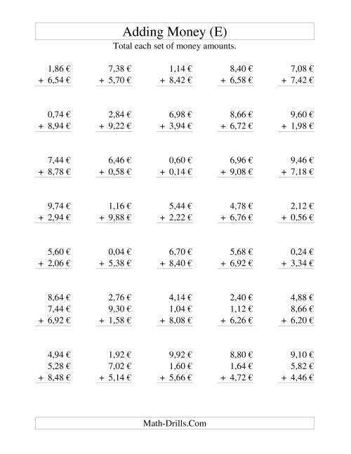 The Adding Euro Money to €10 -- Increments of 2 Euro Cents (E) Math Worksheet