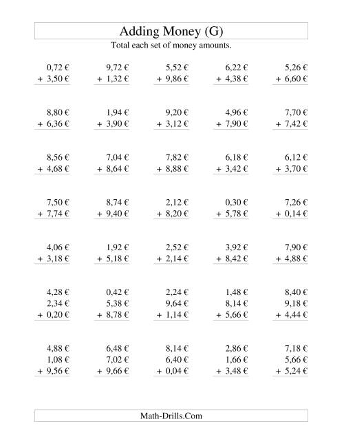 The Adding Euro Money to €10 -- Increments of 2 Euro Cents (G) Math Worksheet