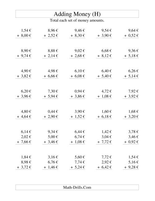 The Adding Euro Money to €10 -- Increments of 2 Euro Cents (H) Math Worksheet