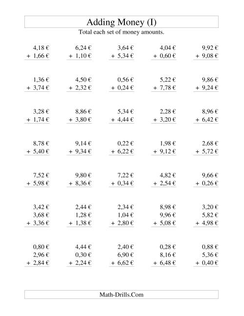 The Adding Euro Money to €10 -- Increments of 2 Euro Cents (I) Math Worksheet