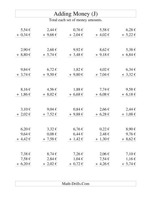 The Adding Euro Money to €10 -- Increments of 2 Euro Cents (J) Math Worksheet
