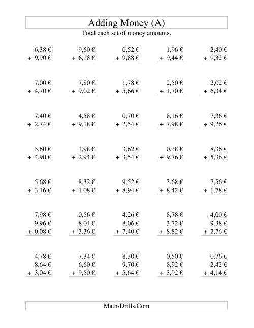 The Adding Euro Money to €10 -- Increments of 2 Euro Cents (All) Math Worksheet