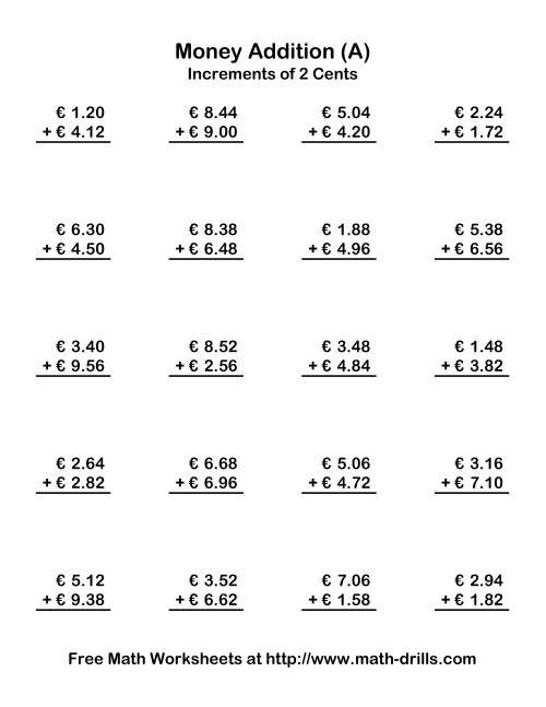 The Adding Euro Money to €10 -- Increments of 2 Euro Cents (Old) Math Worksheet